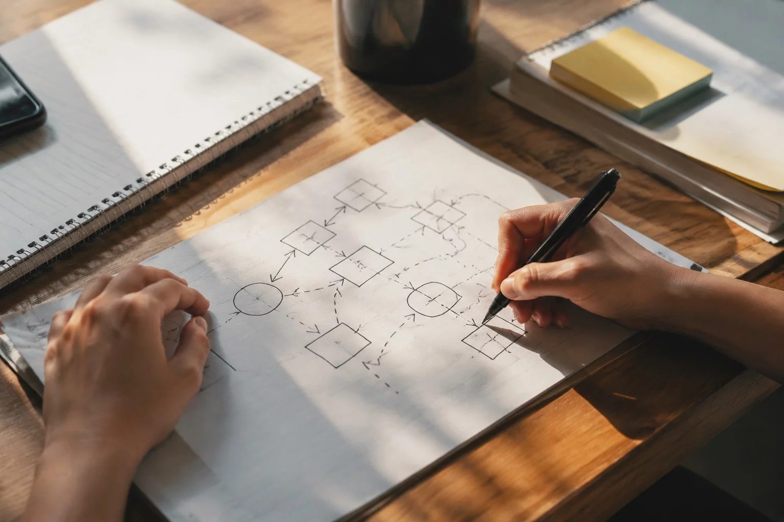 Vista de cima de uma mesa com um diagrama de lógica desenhado à mão