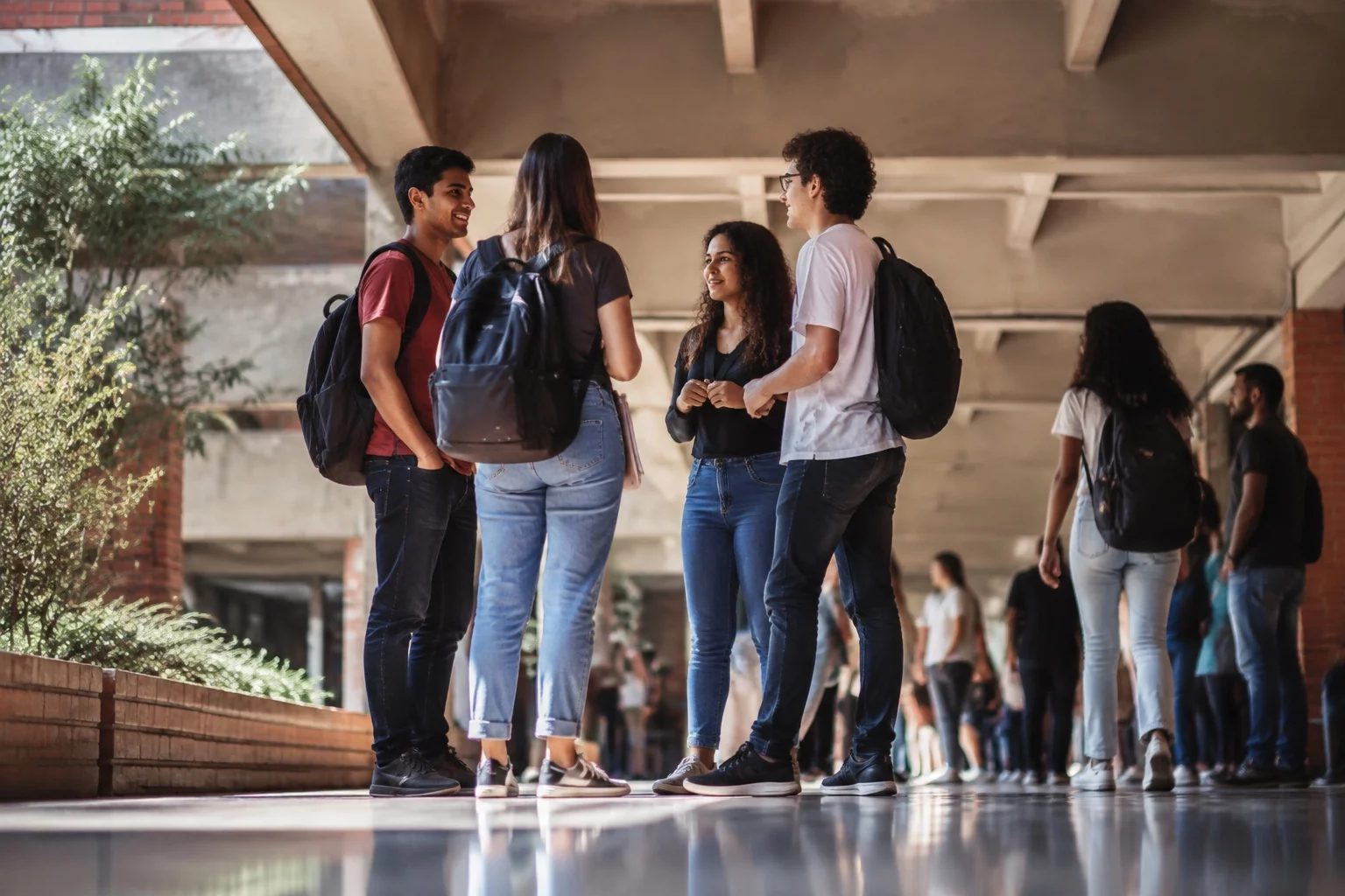 Estudantes com mochilas conversando no corredor de uma universidade