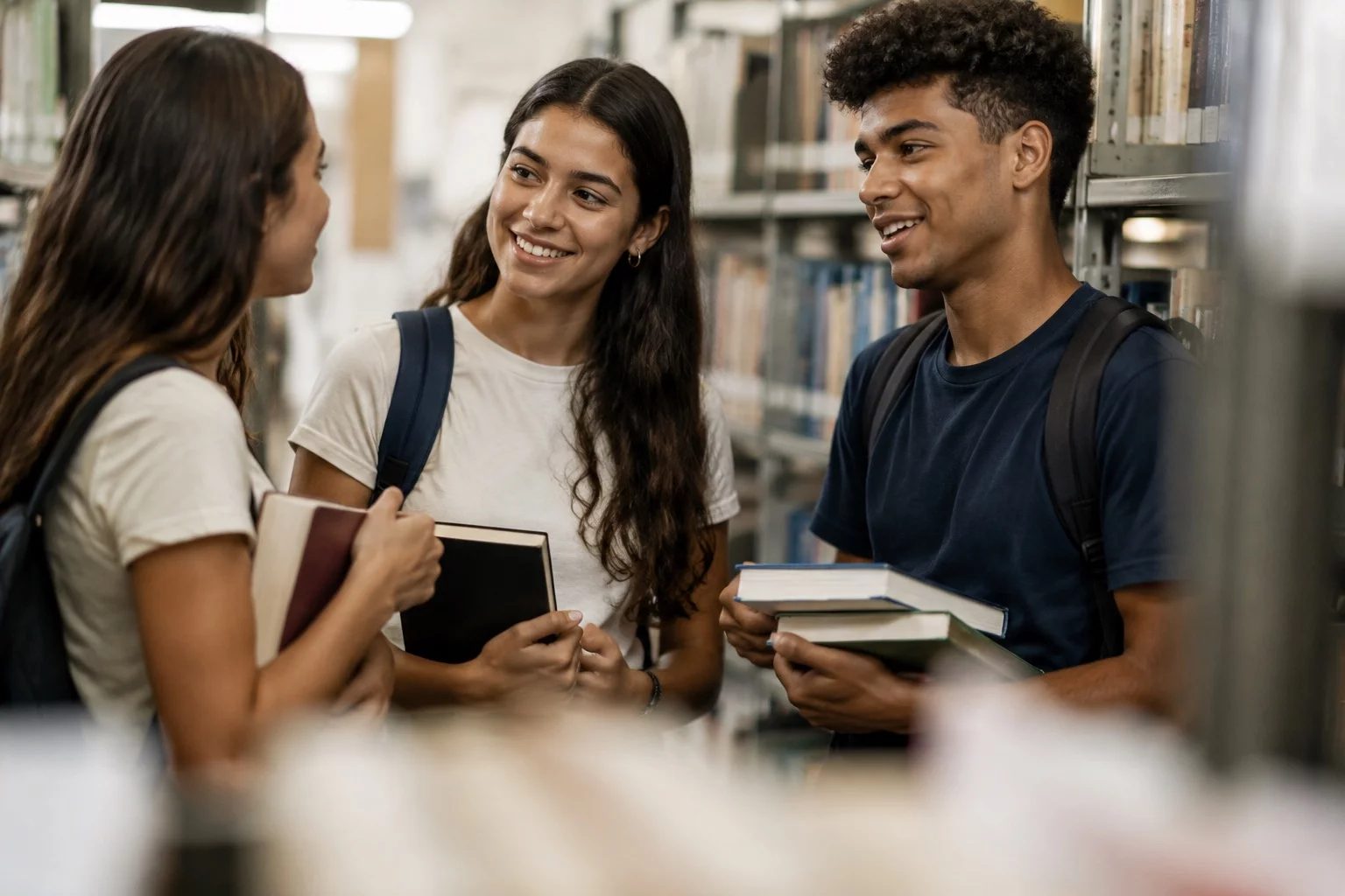 Estudantes conversando em pé entre as estantes de uma biblioteca