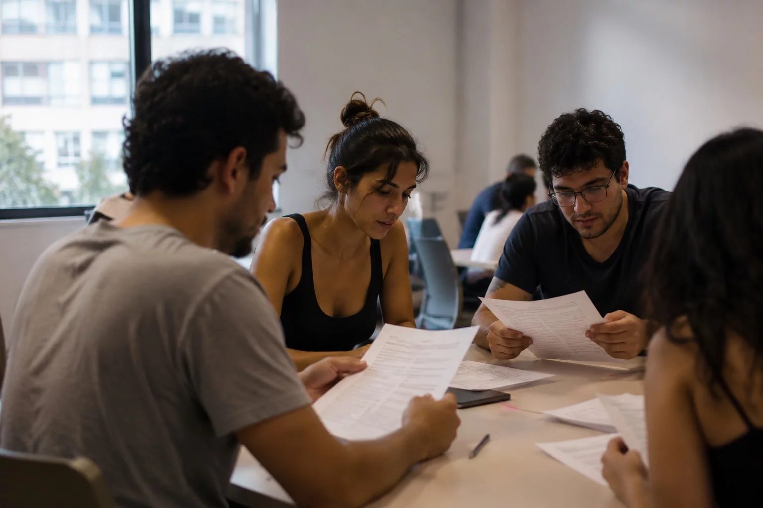 Grupo pequeno lendo páginas impressas de argumentos ao redor de uma mesa