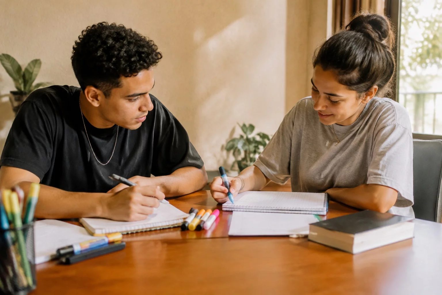 Dois estudantes preparando um debate com cadernos e marcadores