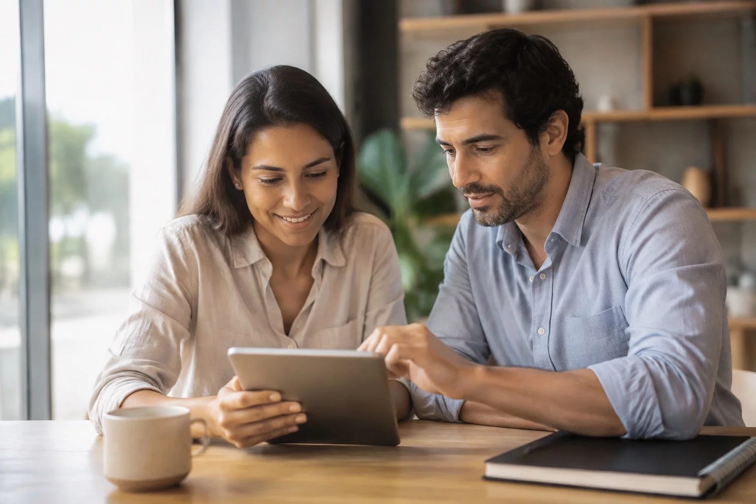 Duas pessoas revisando anotações em um tablet sobre uma mesa de madeira