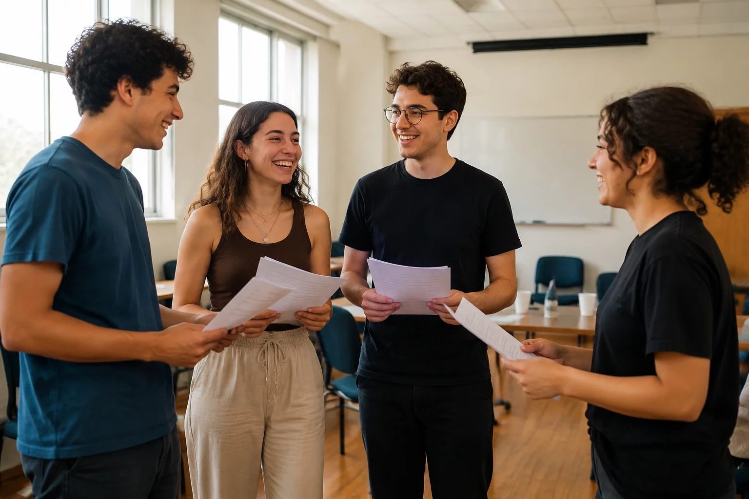 Grupo sorrindo após uma rodada de debate, com papéis nas mãos